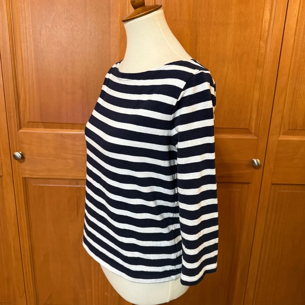 J Crew Navy and White Striped Mariner Fabric Boat Neck Top